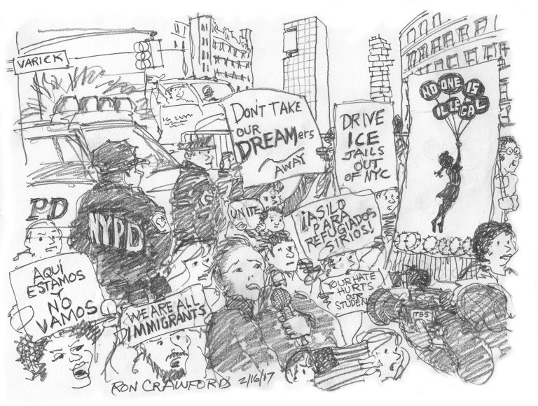 Defending immigrants, Trump Hotel in background.